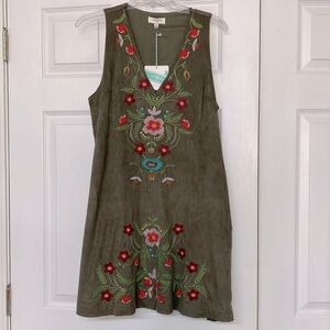 Umgee Olive Green Brushed Fabric Suede Look Embroidered Dress Sz M NWT